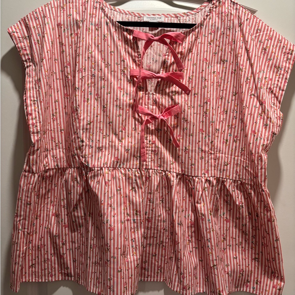 Chic Soul Plus Pink Striped Blouse with Capped Sleeves